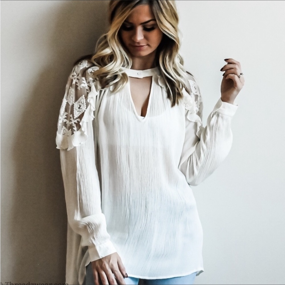 SOLID OFF WHITE RUFFLE LACE SHOULDER LONG SLEEVES TOP BLOUSE - Picture 6 of 8